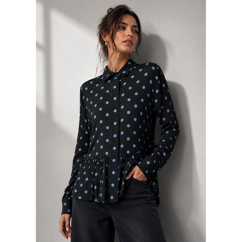 Zara Polka Dot Blouse Women XS‎ Black Blue Peplum Ruffle Button Down Top Retro